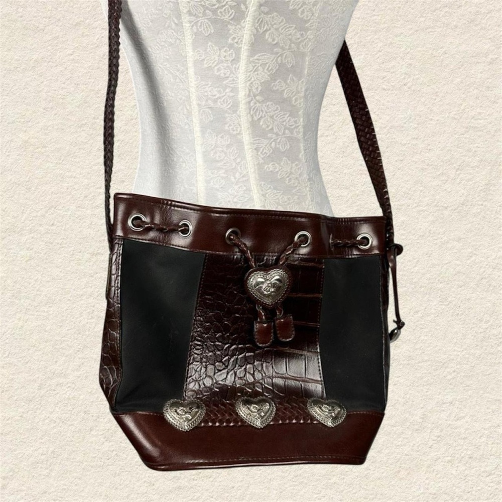 Elegant Y2K Brown and Black Women's Leather Bucket Bag